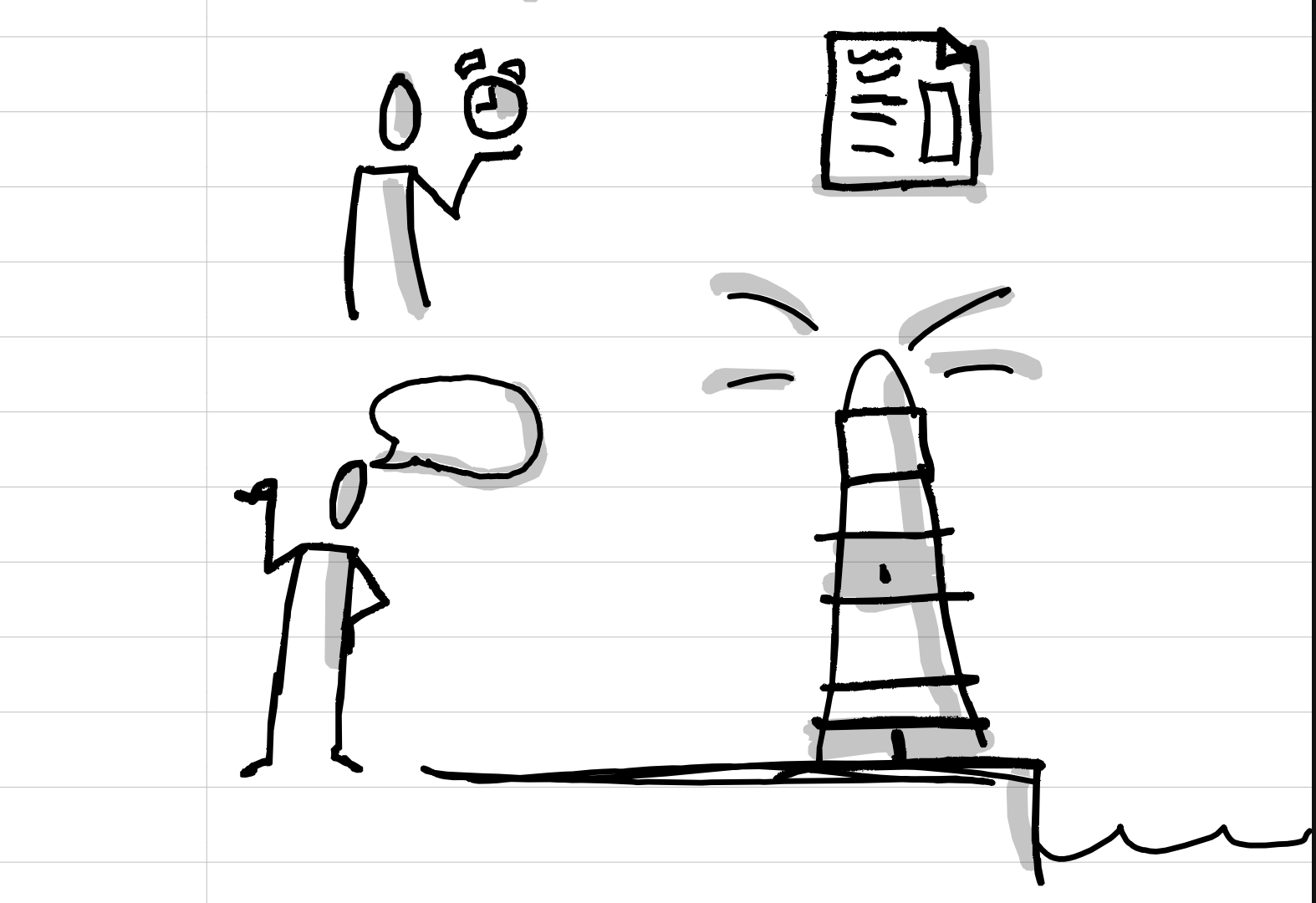 A hand-drawn Bikablo-style doodle showing a stick figure timing something with a stopwatch, a document with an arrow, another figure speaking, and a lighthouse on a pier above water