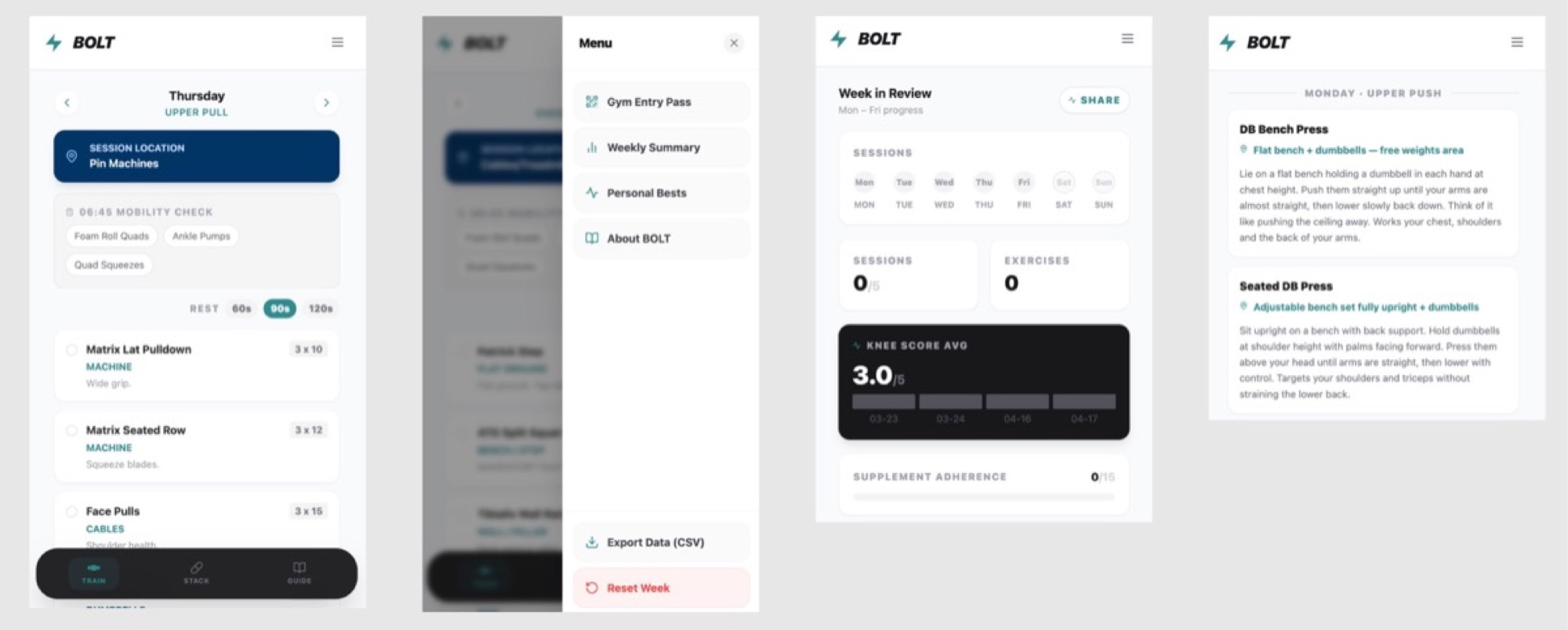 Screenshots of the BOLT fitness app showing the training, supplement stack, week in review, and exercise guide screens
