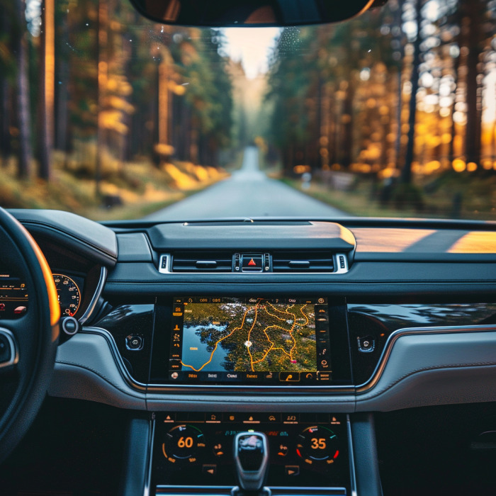 A right hand drive vehicle dashboard displaying an interactive map, with a background of a scenic route.