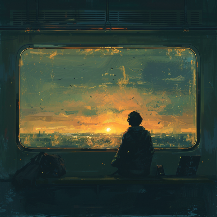 Imagine a serene scene on a train: a person sitting by the window, gazing out at the passing landscape with a thoughtful expression. Their phone sits peacefully in a bag beside them, while outside the window, the world whizzes by. The contrast between the calm individual and the busy digital world represented by the phone symbolizes the journey of disconnecting from technology to reconnect with oneself.