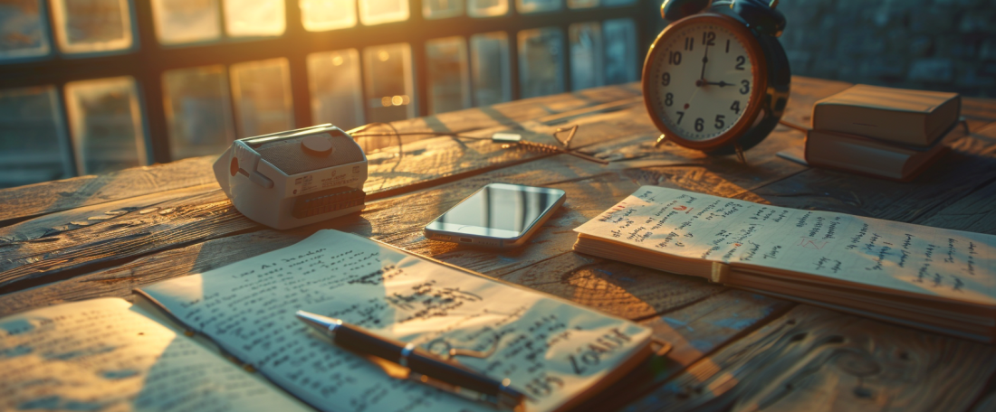 A close-up shot of a wooden desk scattered with open notebooks, a traditional alarm clock, and a pen lying next to a smartphone placed face down. Sunlight filters through a nearby window, casting a warm glow on the scene. The contrast between the analog tools and the modern smartphone highlights the shift towards simplicity and mindfulness in daily routines. This image symbolizes the journey of reclaiming focus and intentionality by minimizing digital distractions and embracing more intentional analog practices