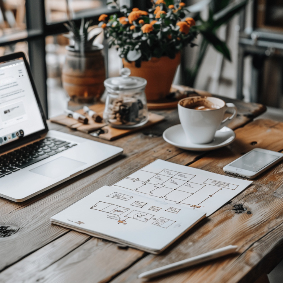 A minimalist workspace with a laptop open to a flowchart of automated tasks, surrounded by clean, organized elements such as a notepad, pen, and a cup of coffee, symbolizing productivity and efficiency in tackling repetitive tasks