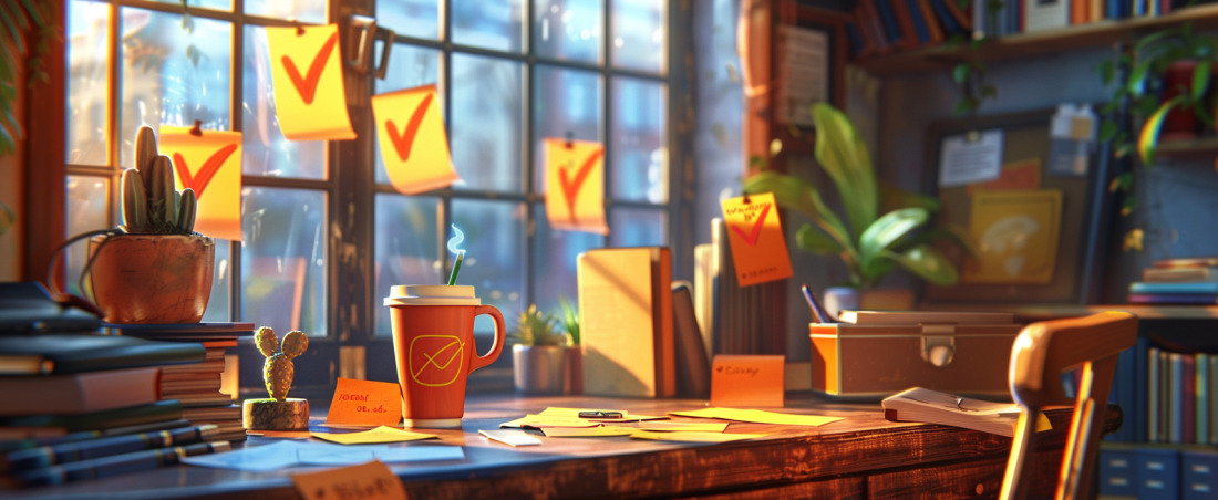 Illustration of a cluttered desk with sticky notes. In the background, there's a whimsical archaeologist character discovering a dusty, ancient product.